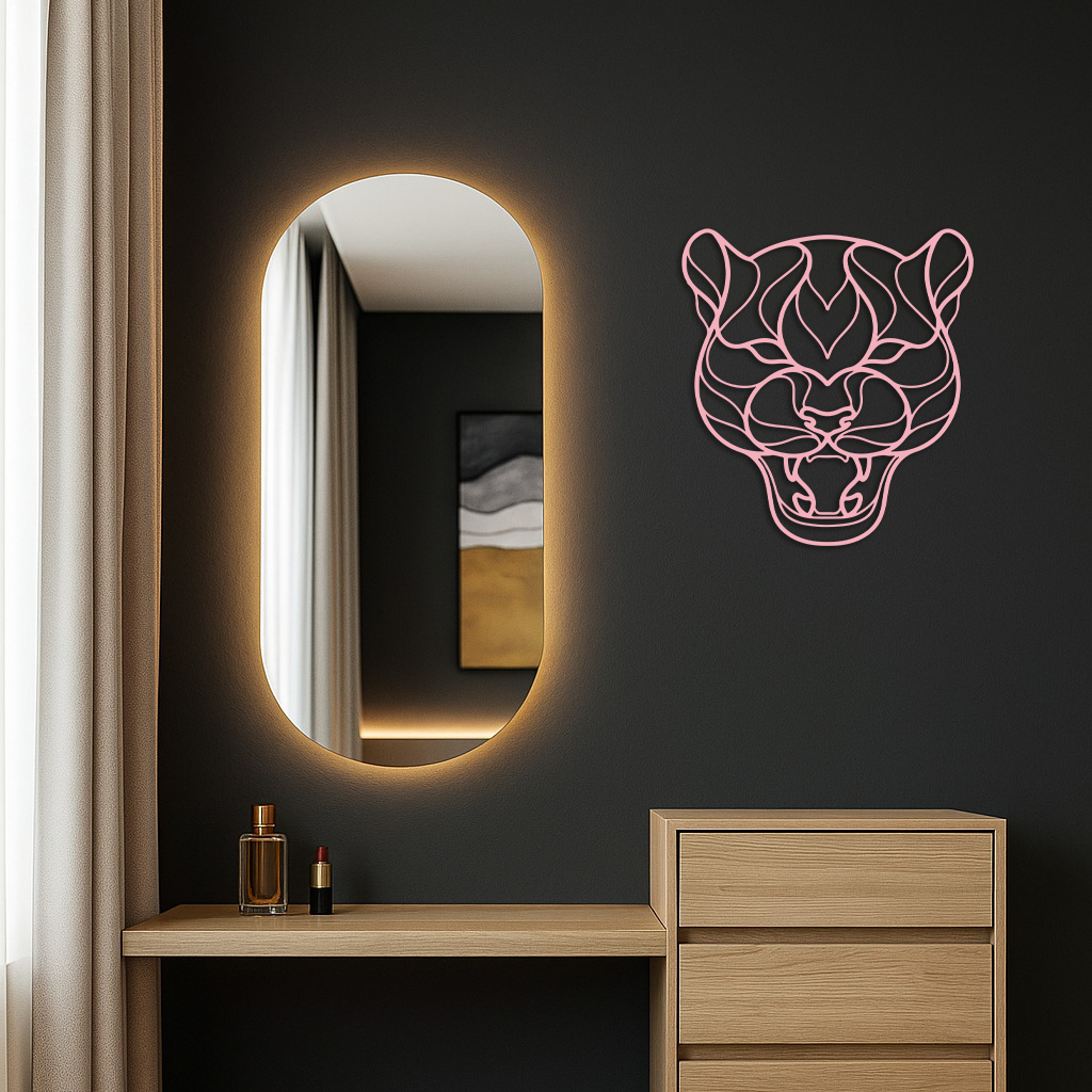 Pink Panther Head Metal Wall Art – Geometric Wild Cat Silhouette Decor - KAFGP019