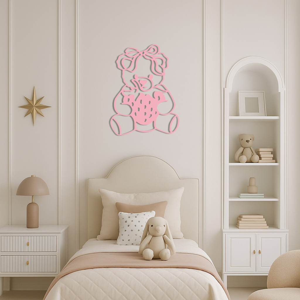 Pink Teddy Bear with Strawberry Metal Wall Art – Cute Bow Design for Kids Room - KAFGP020