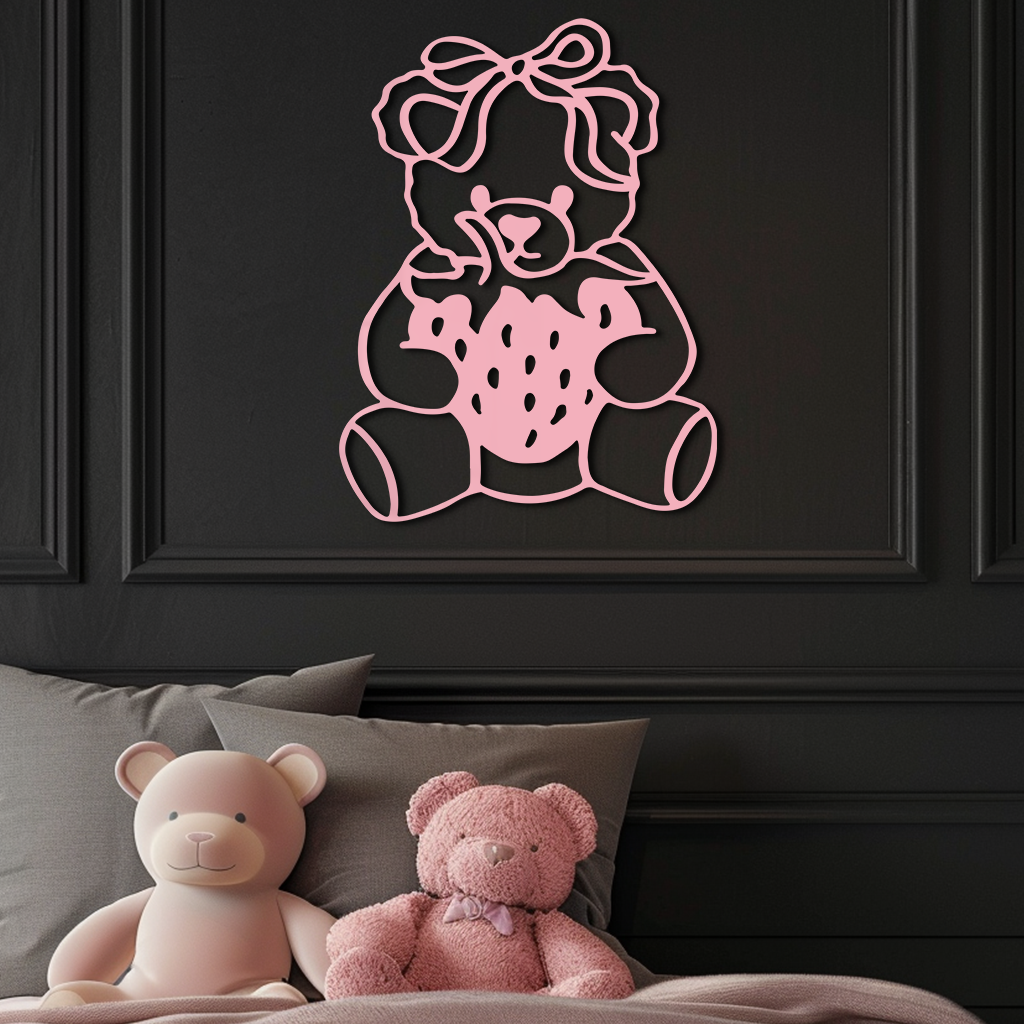 Pink Teddy Bear with Strawberry Metal Wall Art – Cute Bow Design for Kids Room - KAFGP020