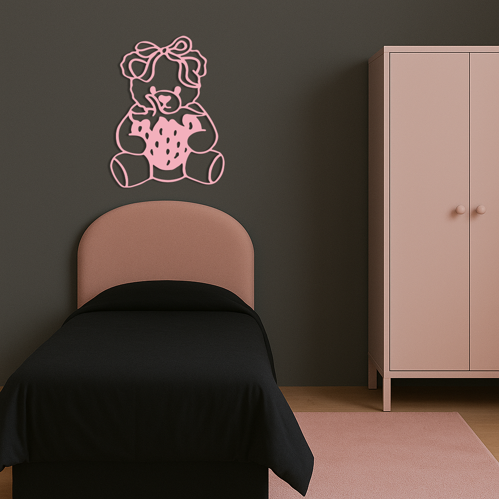Pink Teddy Bear with Strawberry Metal Wall Art – Cute Bow Design for Kids Room - KAFGP020