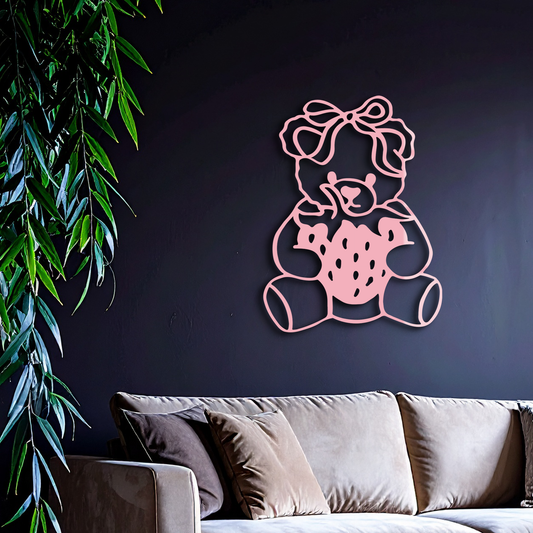 Pink Teddy Bear with Strawberry Metal Wall Art – Cute Bow Design for Kids Room - KAFGP020