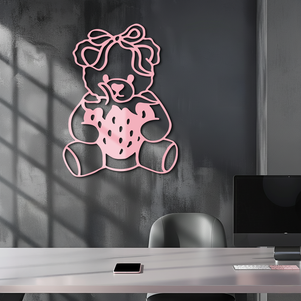 Pink Teddy Bear with Strawberry Metal Wall Art – Cute Bow Design for Kids Room - KAFGP020