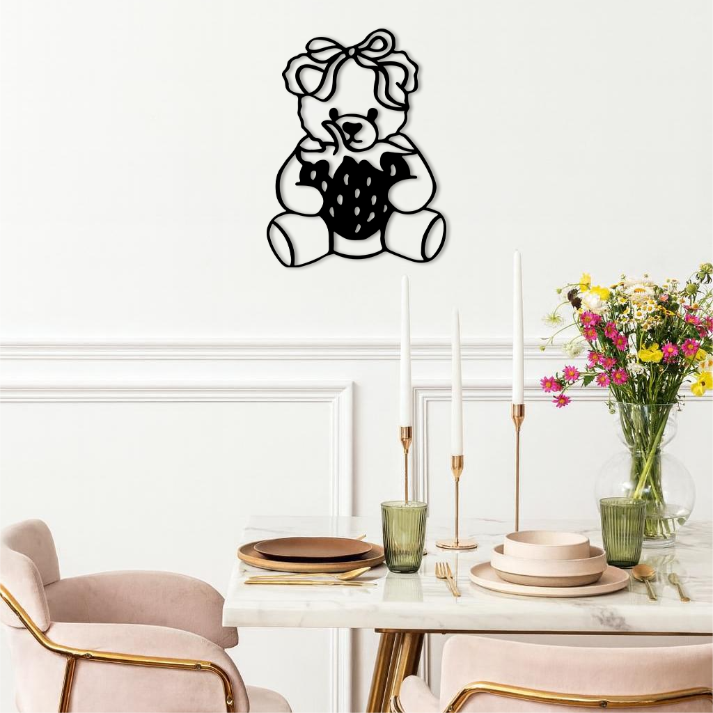 Pink Teddy Bear with Strawberry Metal Wall Art – Cute Bow Design for Kids Room - KAFGP020