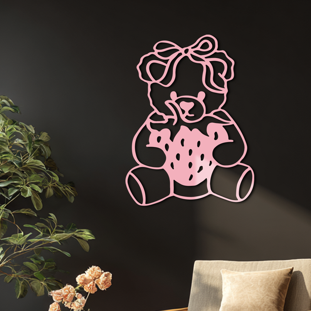 Pink Teddy Bear with Strawberry Metal Wall Art – Cute Bow Design for Kids Room - KAFGP020