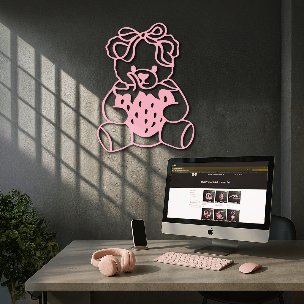 Pink Teddy Bear with Strawberry Metal Wall Art – Cute Bow Design for Kids Room - KAFGP020