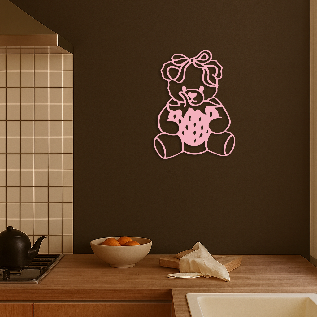Pink Teddy Bear with Strawberry Metal Wall Art – Cute Bow Design for Kids Room - KAFGP020