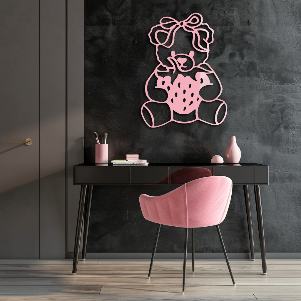 Pink Teddy Bear with Strawberry Metal Wall Art – Cute Bow Design for Kids Room - KAFGP020