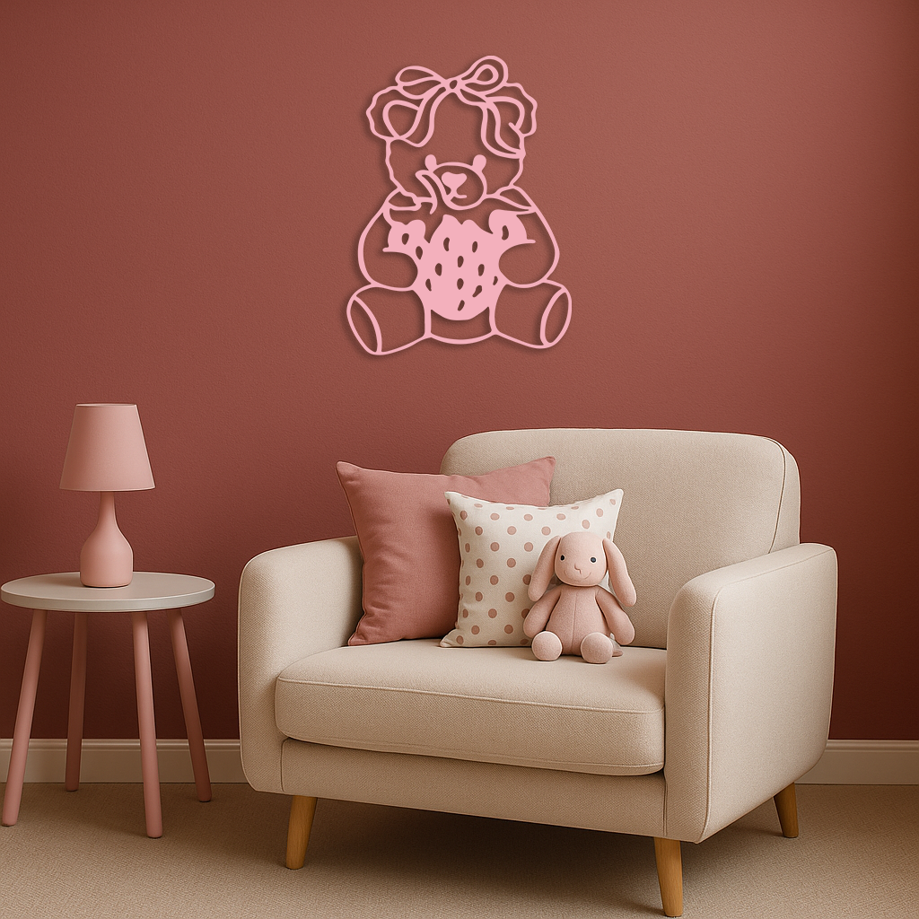 Pink Teddy Bear with Strawberry Metal Wall Art – Cute Bow Design for Kids Room - KAFGP020