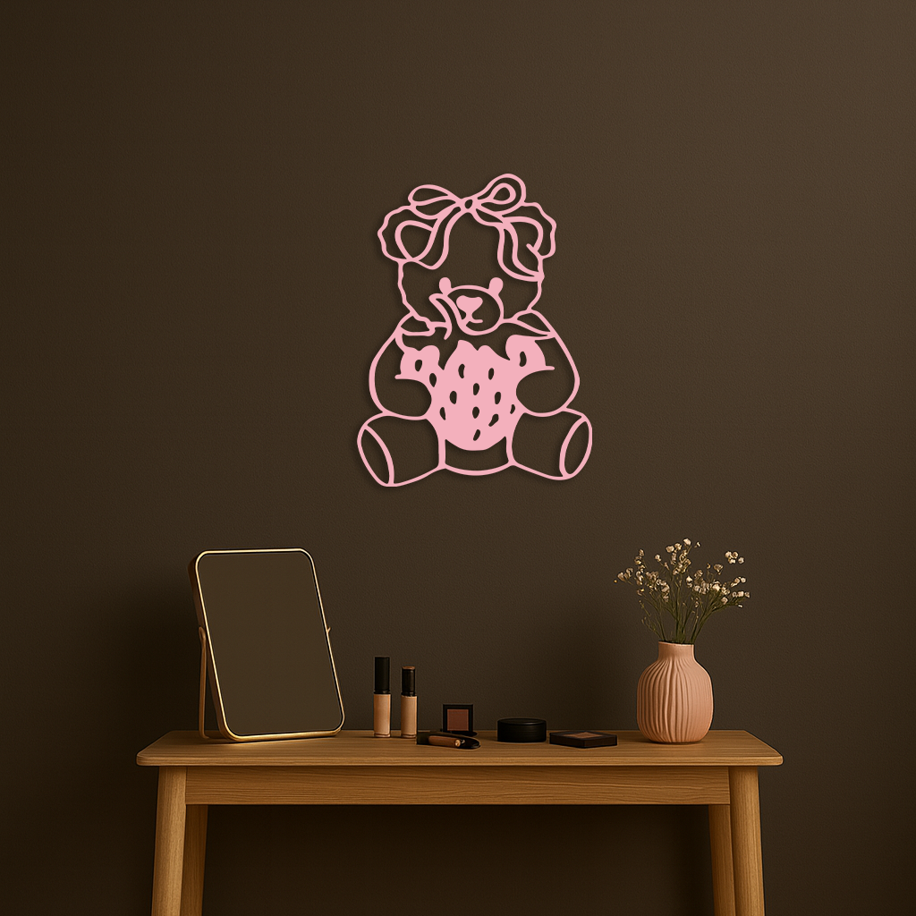 Pink Teddy Bear with Strawberry Metal Wall Art – Cute Bow Design for Kids Room - KAFGP020