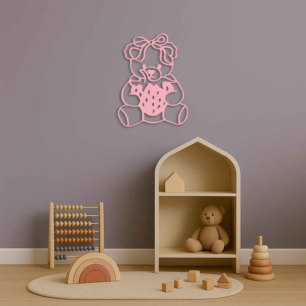 Pink Teddy Bear with Strawberry Metal Wall Art – Cute Bow Design for Kids Room - KAFGP020
