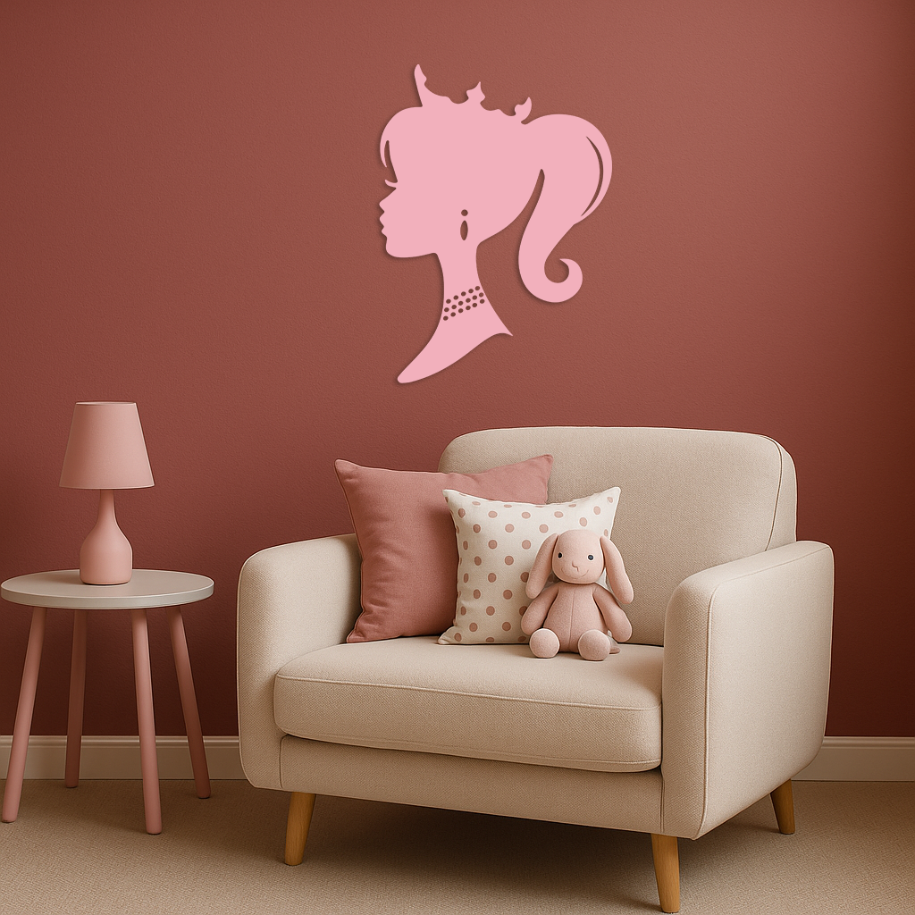 Pink Barbie Silhouette Metal Wall Art – Crowned Princess Profile Decor - KAFGP021