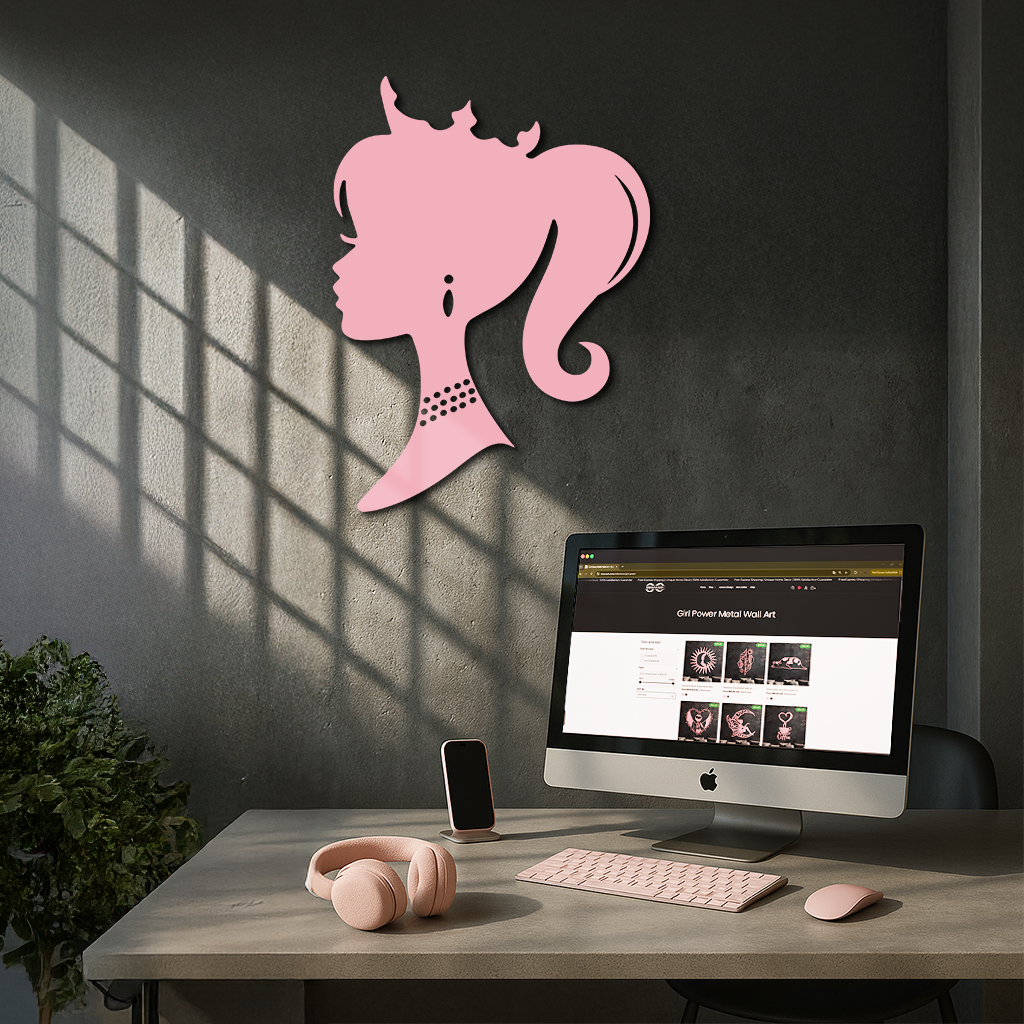 Pink Barbie Silhouette Metal Wall Art – Crowned Princess Profile Decor - KAFGP021