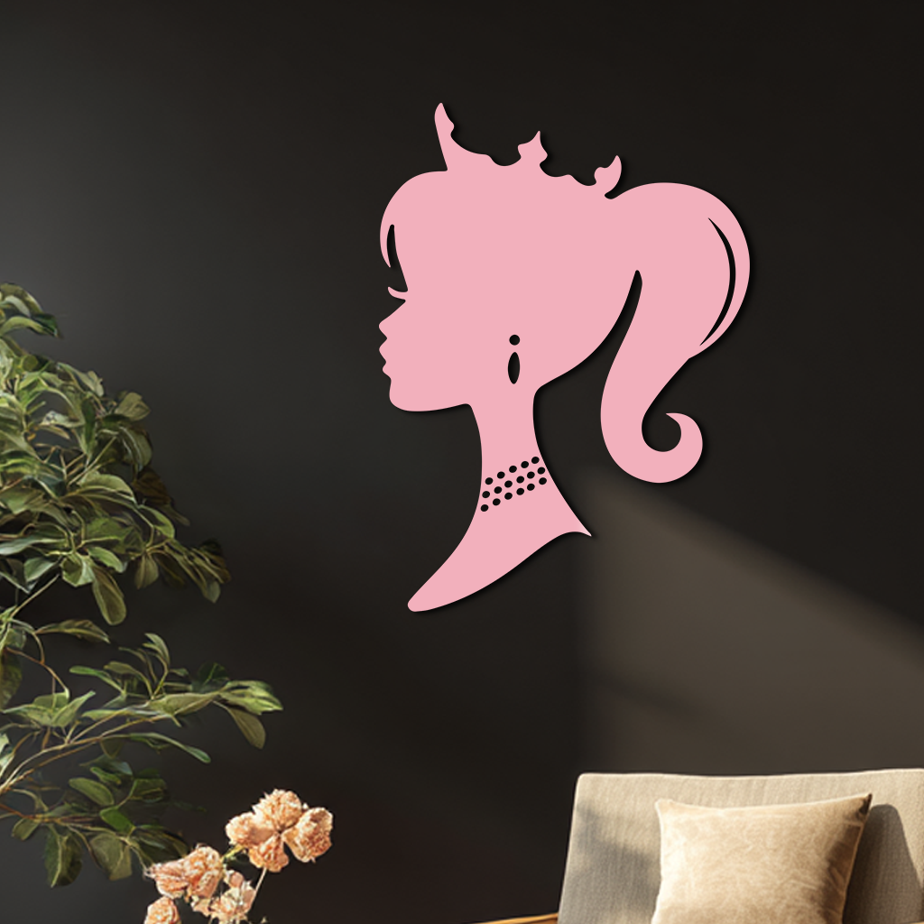 Pink Barbie Silhouette Metal Wall Art – Crowned Princess Profile Decor - KAFGP021