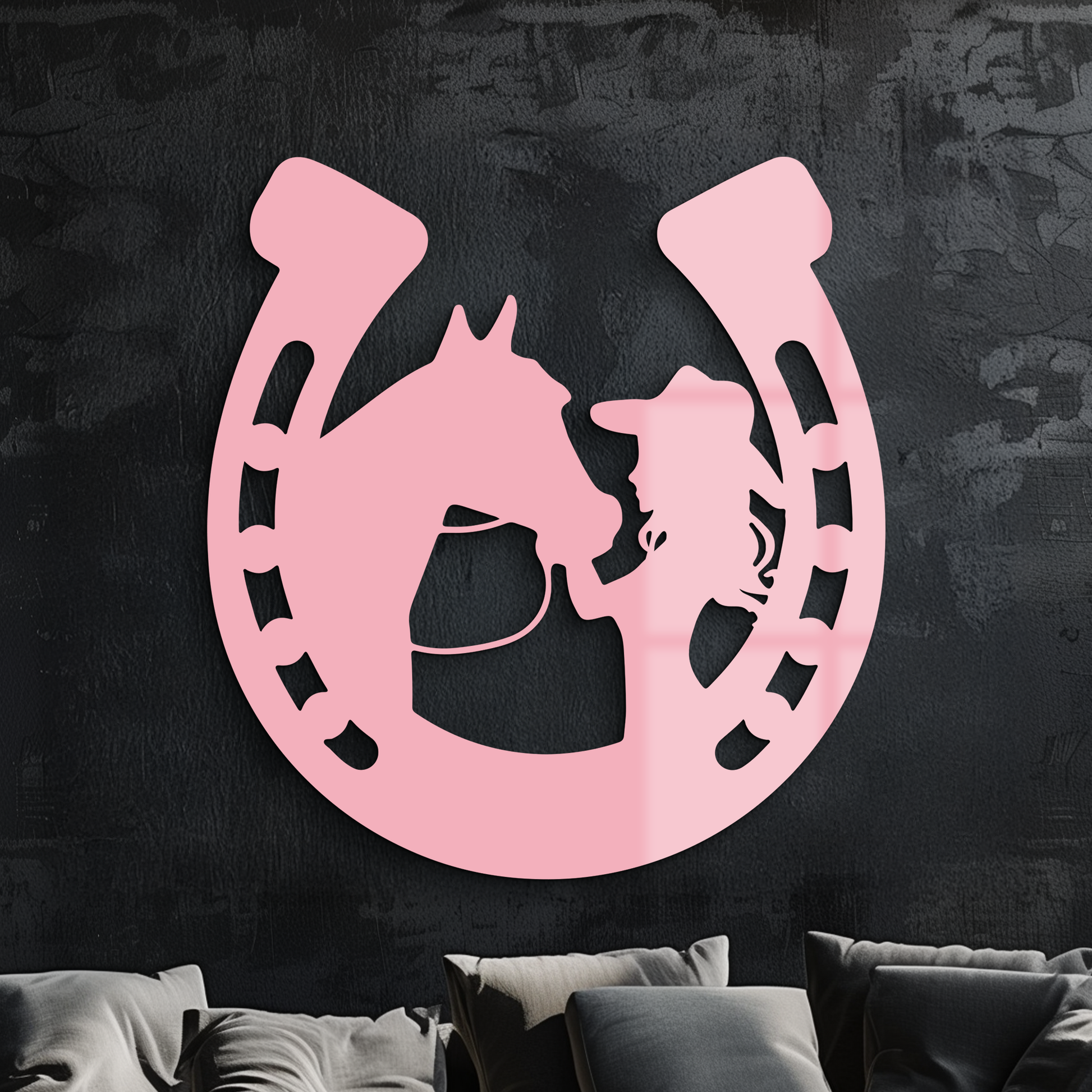 Pink Cowgirl and Horse Silhouette Metal Wall Art – Western Horseshoe Decor - KAFGP023