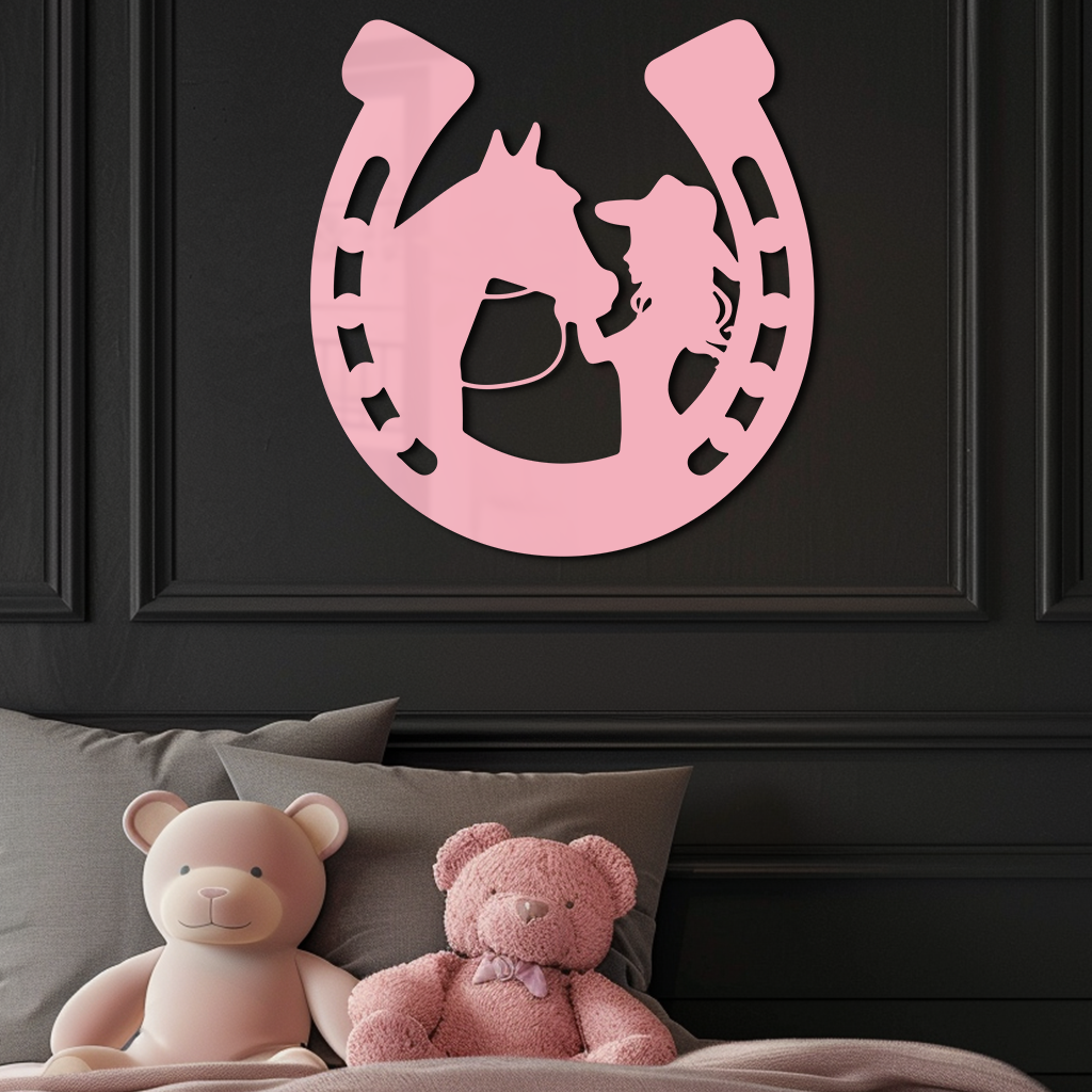 Pink Cowgirl and Horse Silhouette Metal Wall Art – Western Horseshoe Decor - KAFGP023