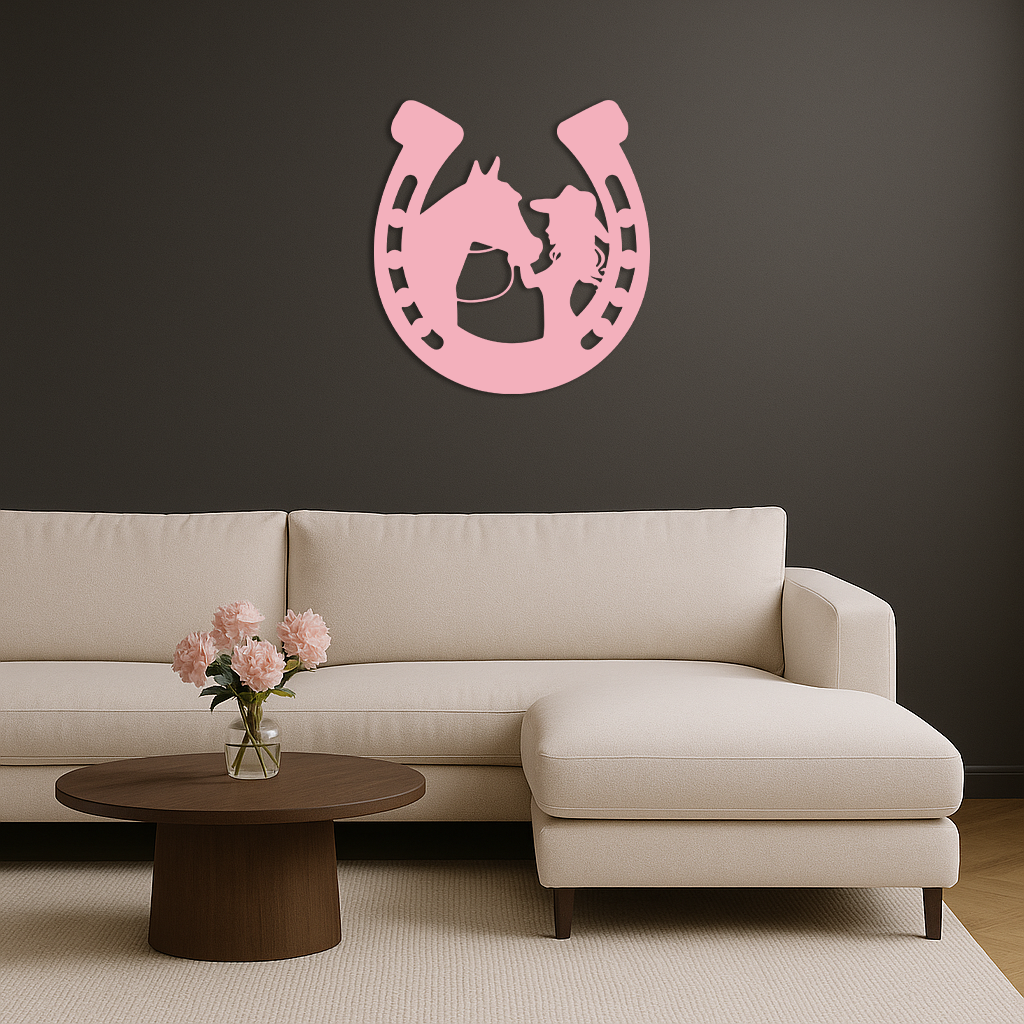 Pink Cowgirl and Horse Silhouette Metal Wall Art – Western Horseshoe Decor - KAFGP023