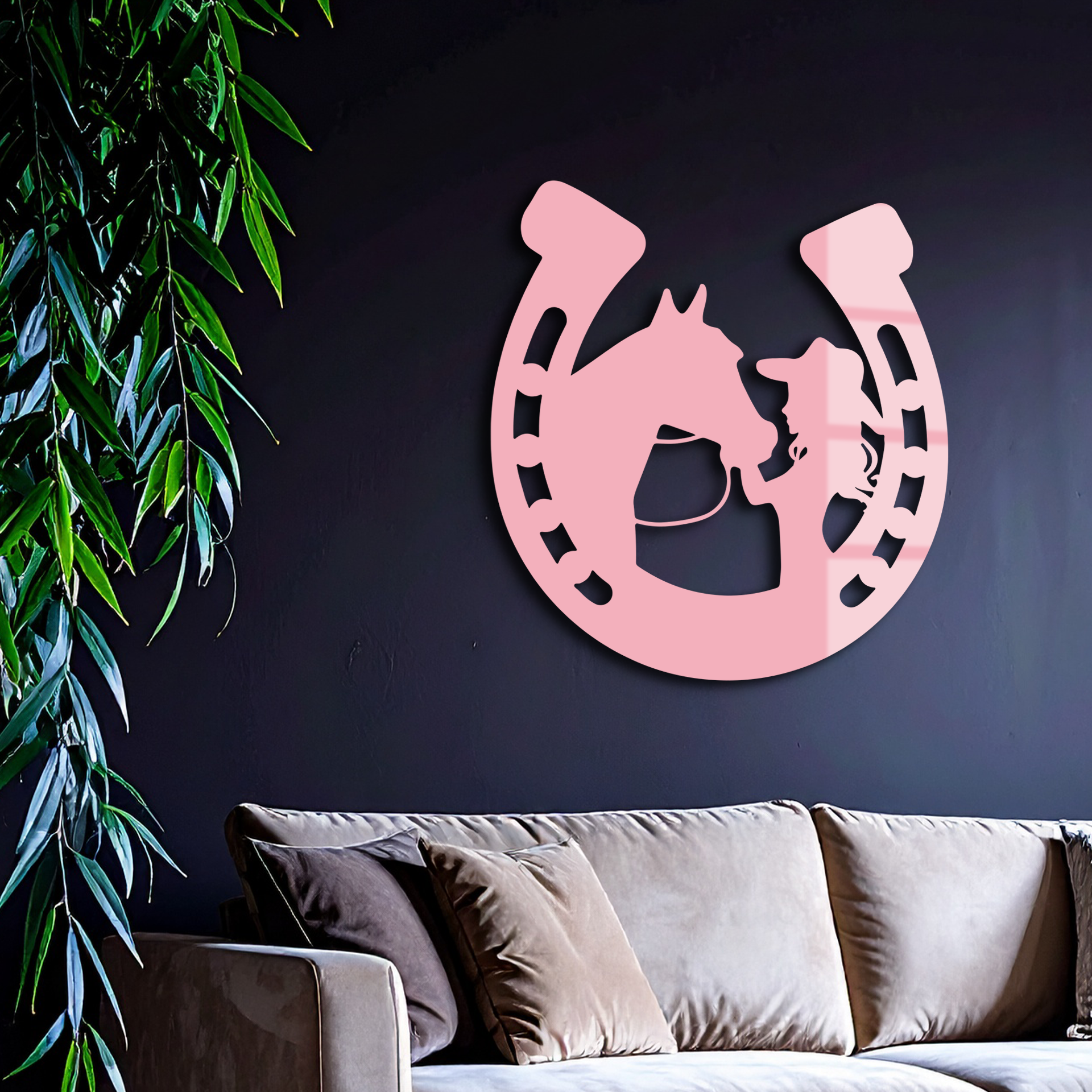Pink Cowgirl and Horse Silhouette Metal Wall Art – Western Horseshoe Decor - KAFGP023