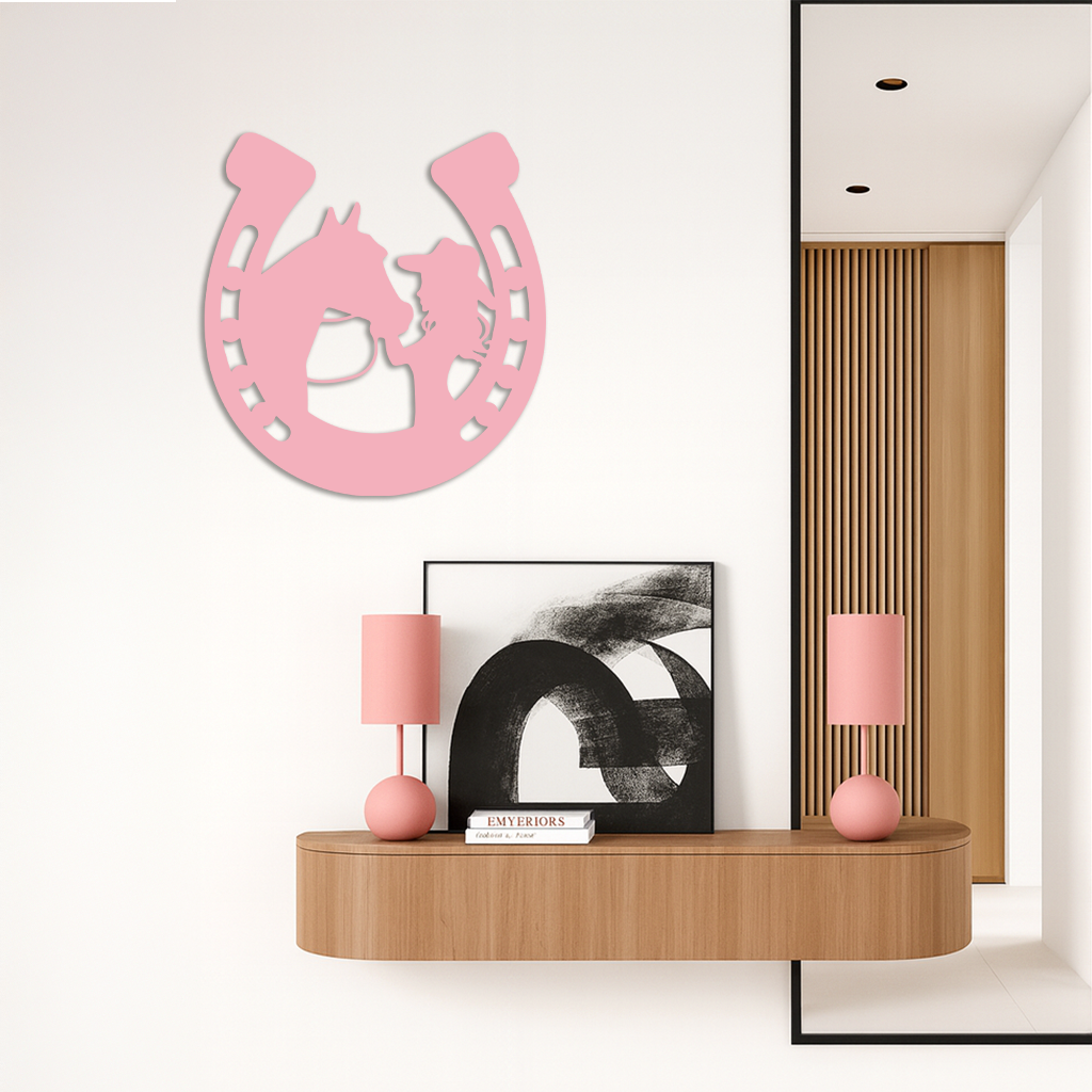 Pink Cowgirl and Horse Silhouette Metal Wall Art – Western Horseshoe Decor - KAFGP023