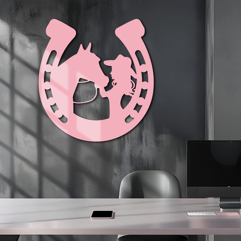 Pink Cowgirl and Horse Silhouette Metal Wall Art – Western Horseshoe Decor - KAFGP023