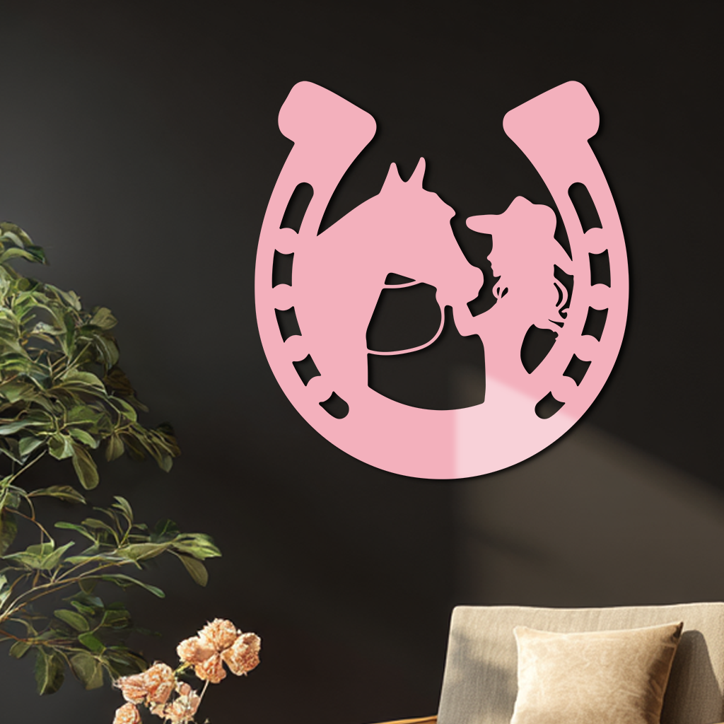 Pink Cowgirl and Horse Silhouette Metal Wall Art – Western Horseshoe Decor - KAFGP023