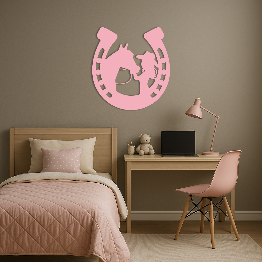Pink Cowgirl and Horse Silhouette Metal Wall Art – Western Horseshoe Decor - KAFGP023