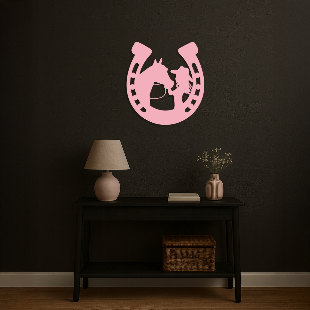 Pink Cowgirl and Horse Silhouette Metal Wall Art – Western Horseshoe Decor - KAFGP023