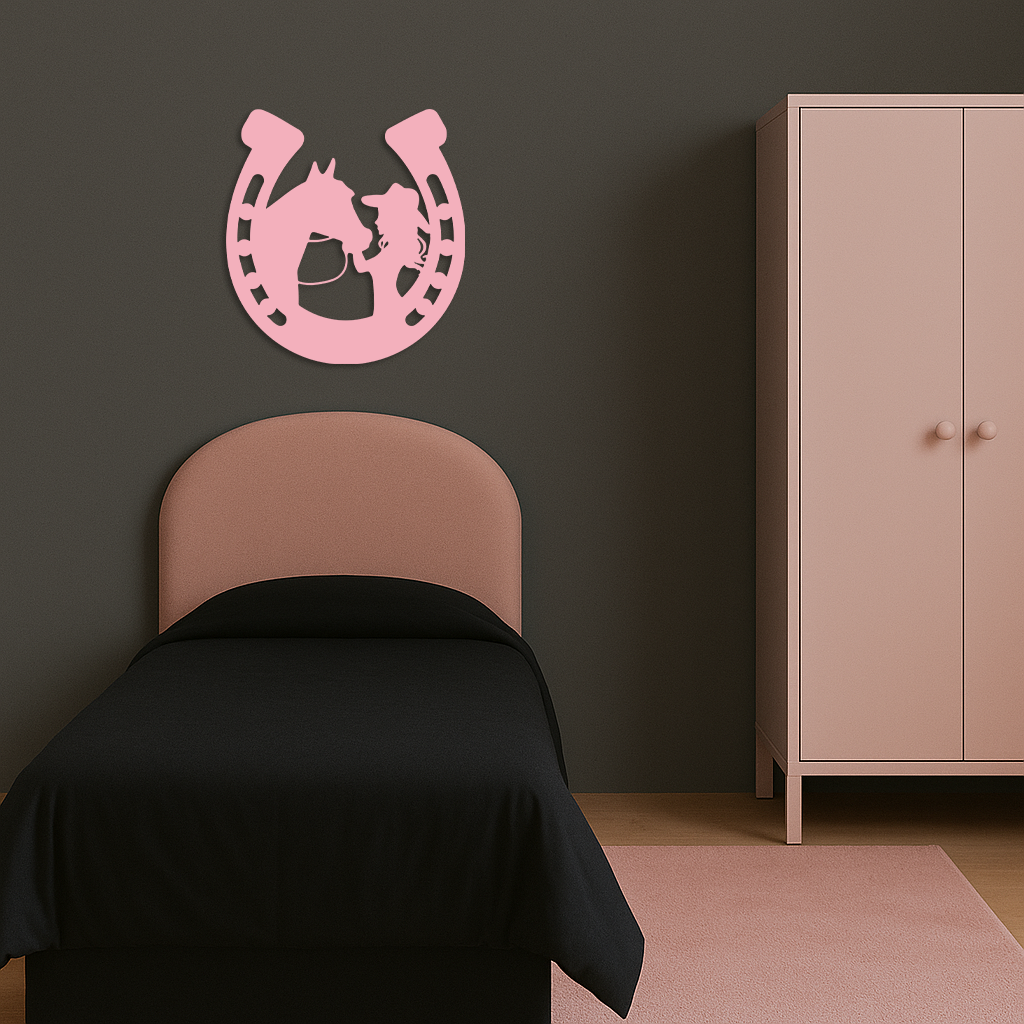 Pink Cowgirl and Horse Silhouette Metal Wall Art – Western Horseshoe Decor - KAFGP023