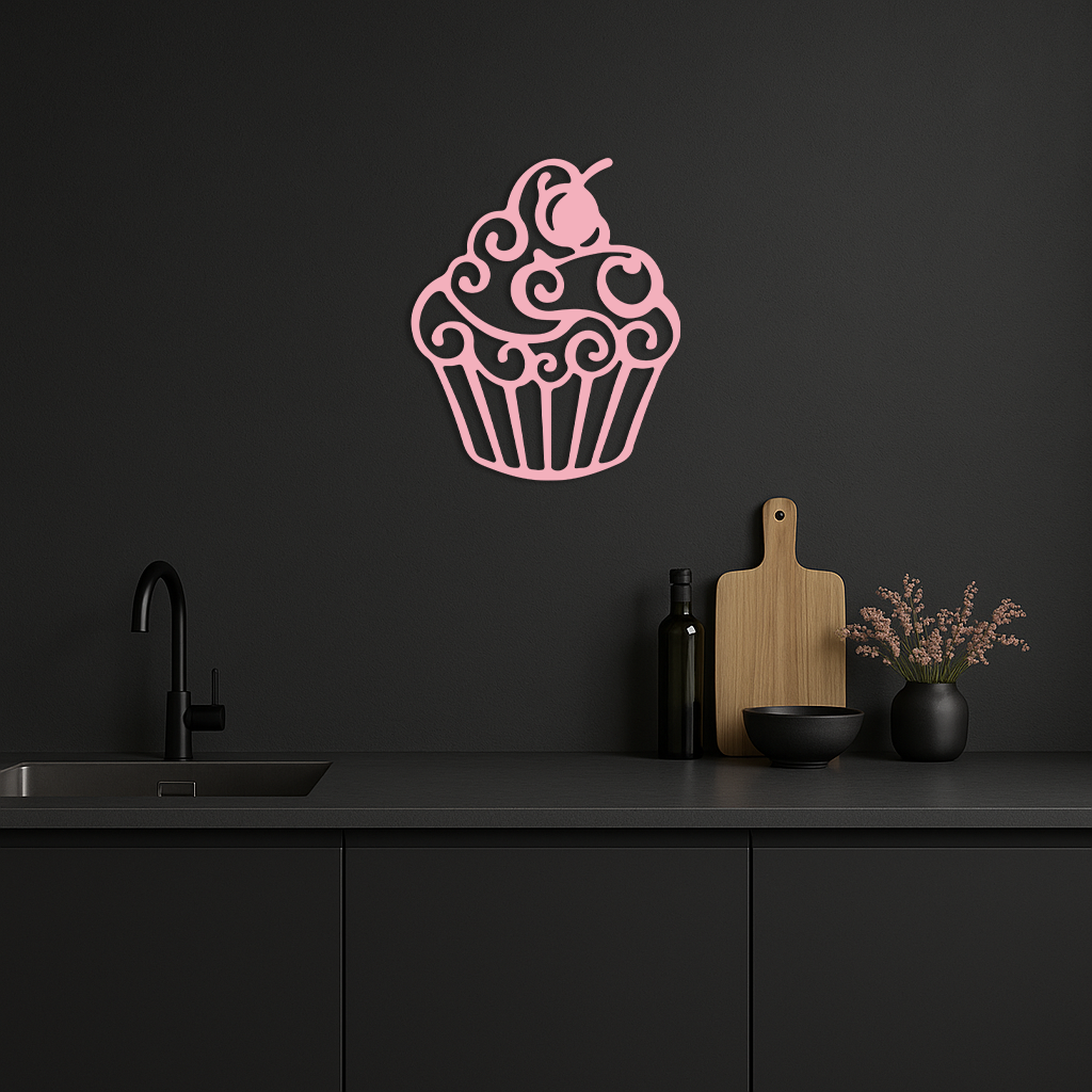 Pink Cupcake Silhouette Metal Wall Art – Sweet Dessert-Inspired Kitchen Decor - KAFGP024