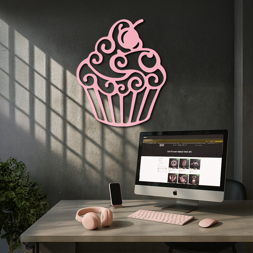 Pink Cupcake Silhouette Metal Wall Art – Sweet Dessert-Inspired Kitchen Decor - KAFGP024