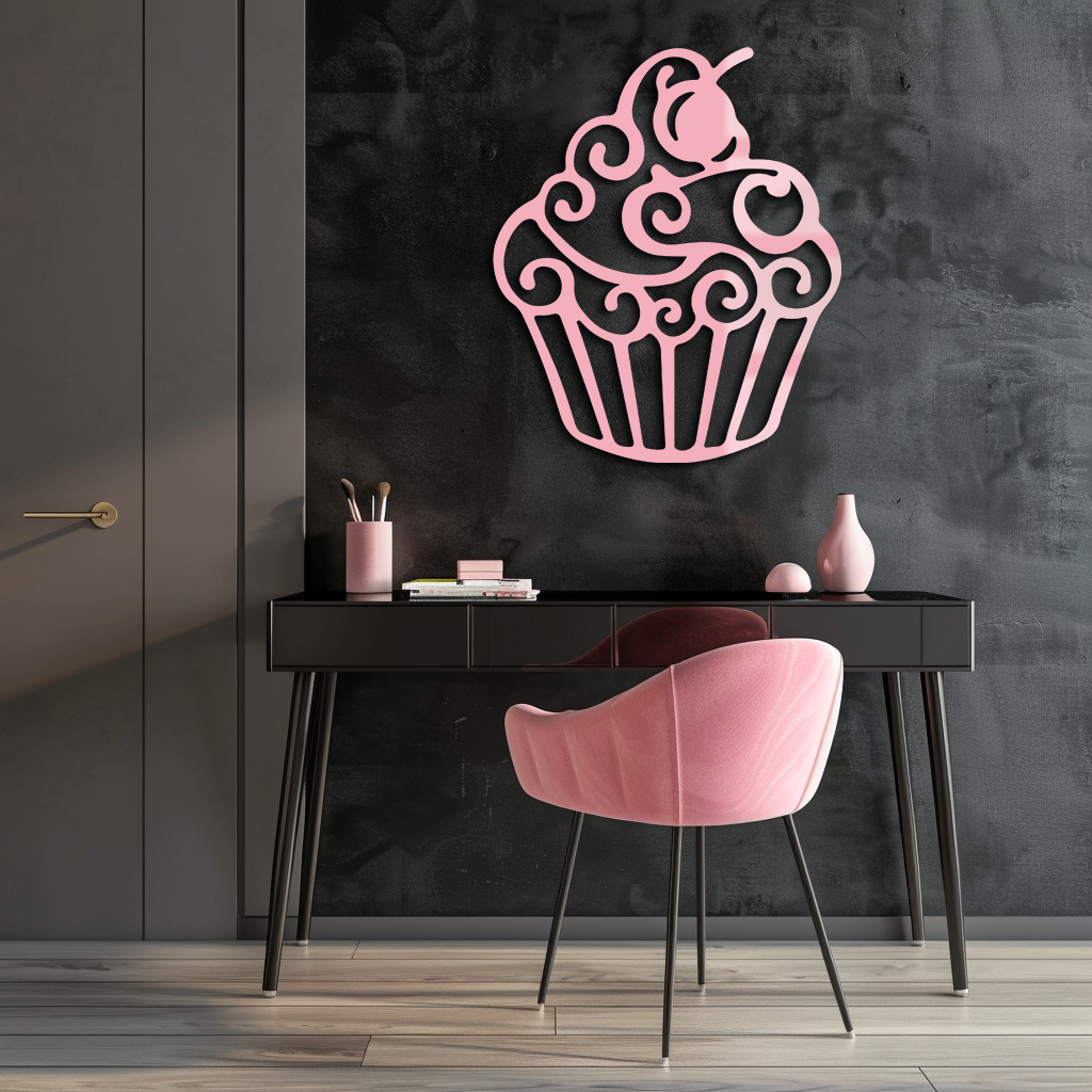 Pink Cupcake Silhouette Metal Wall Art – Sweet Dessert-Inspired Kitchen Decor - KAFGP024