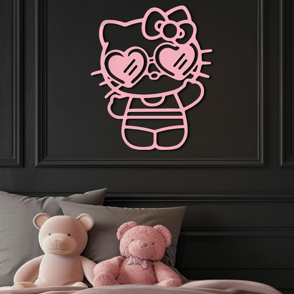 Hello Kitty Silhouette Metal Wall Art – Heart Glasses Cute Design - KAFGP036