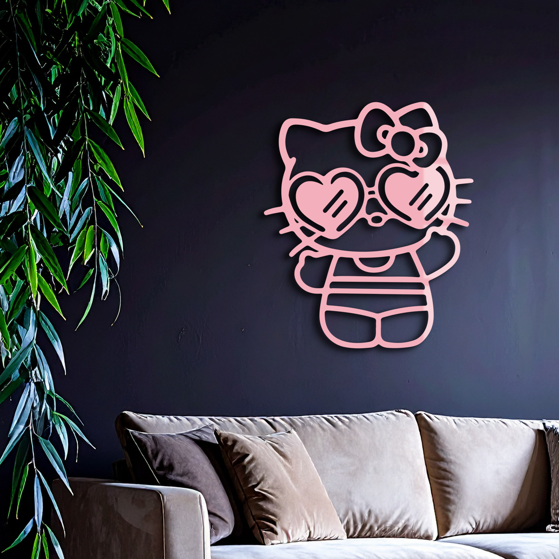Hello Kitty Silhouette Metal Wall Art – Heart Glasses Cute Design - KAFGP036