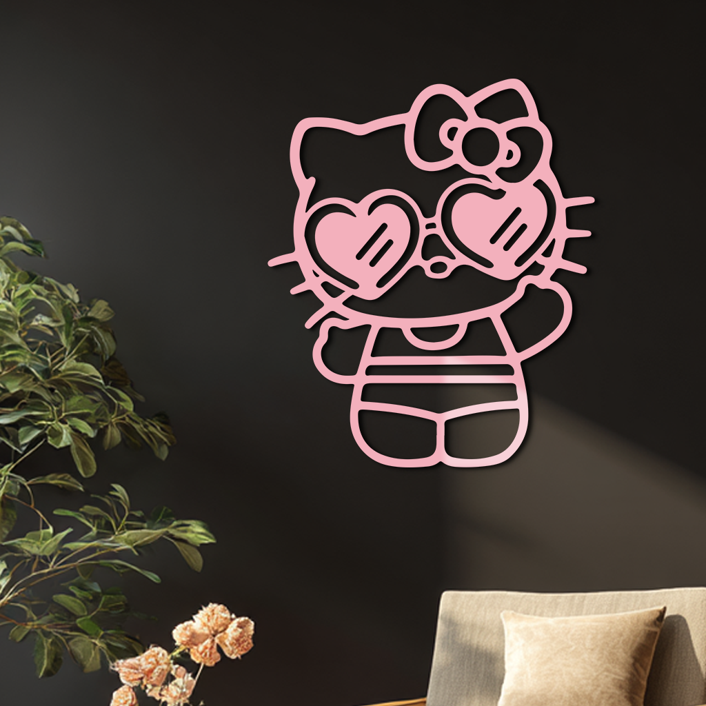 Hello Kitty Silhouette Metal Wall Art – Heart Glasses Cute Design - KAFGP036
