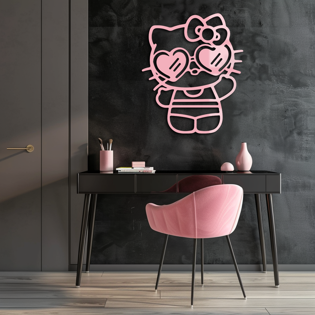 Hello Kitty Silhouette Metal Wall Art – Heart Glasses Cute Design - KAFGP036
