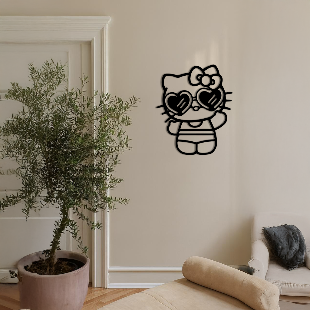 Hello Kitty Silhouette Metal Wall Art – Heart Glasses Cute Design - KAFGP036