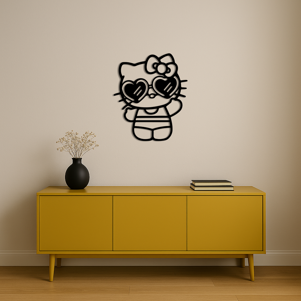 Hello Kitty Silhouette Metal Wall Art – Heart Glasses Cute Design - KAFGP036