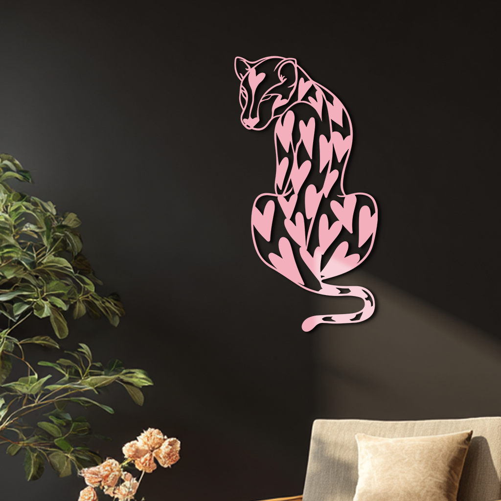 Heart Pattern Leopard Silhouette Metal Wall Art – Modern Animal Design - KAFGP044