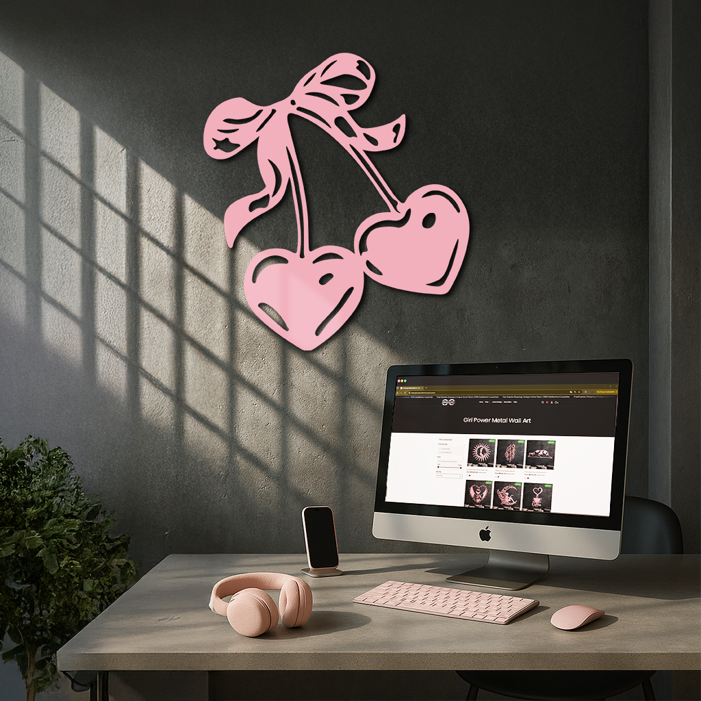 Cherry Heart Silhouette Metal Wall Art – Romantic Bow Design - KAFGP046