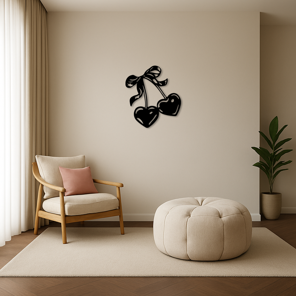 Cherry Heart Silhouette Metal Wall Art – Romantic Bow Design - KAFGP046