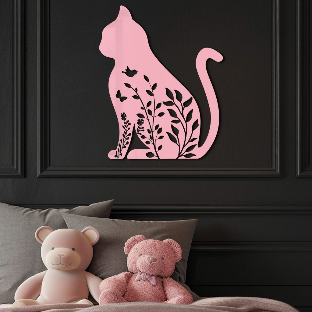 Floral Cat Silhouette Metal Wall Art – Elegant Pet-Inspired Home Décor - KAFGP061
