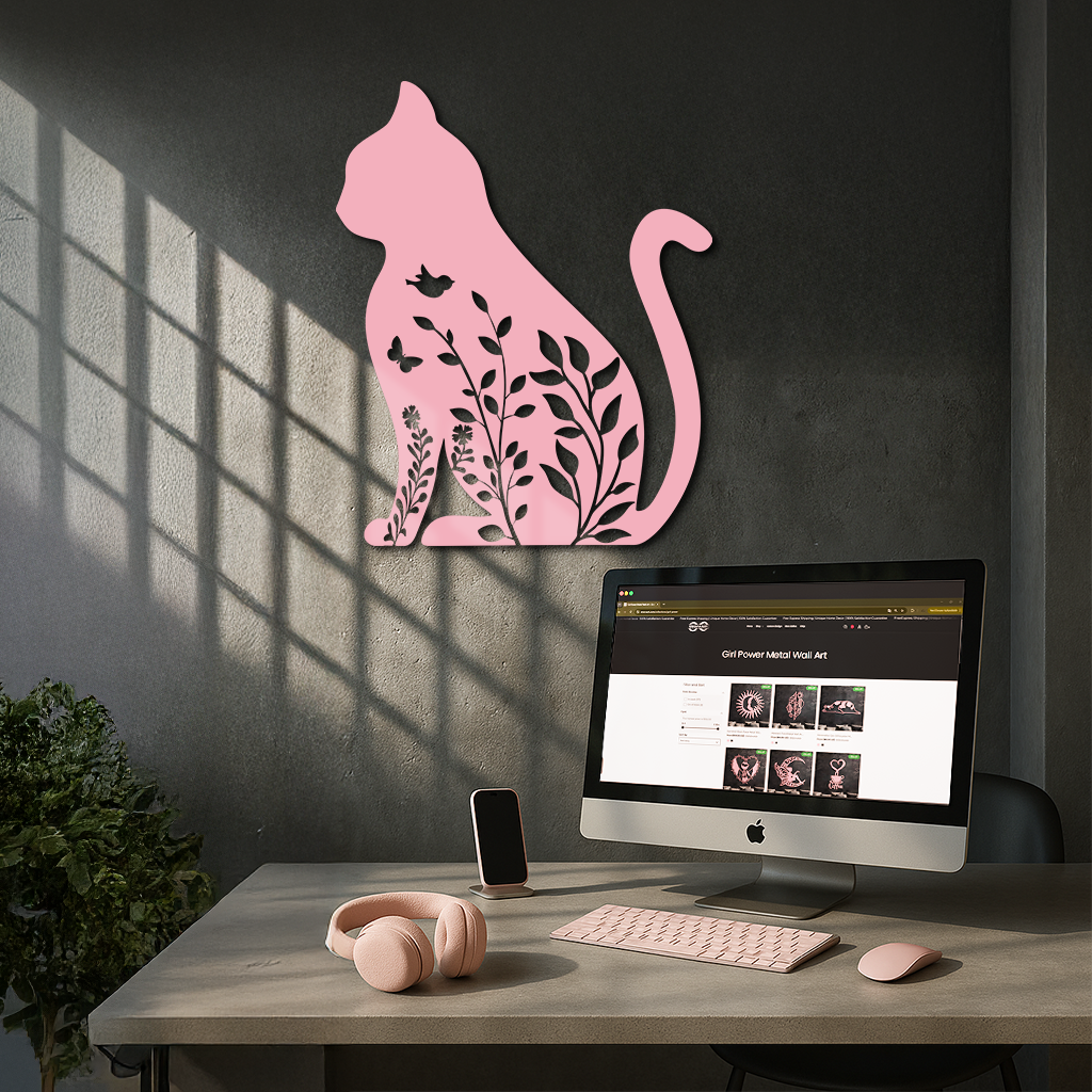 Floral Cat Silhouette Metal Wall Art – Elegant Pet-Inspired Home Décor - KAFGP061