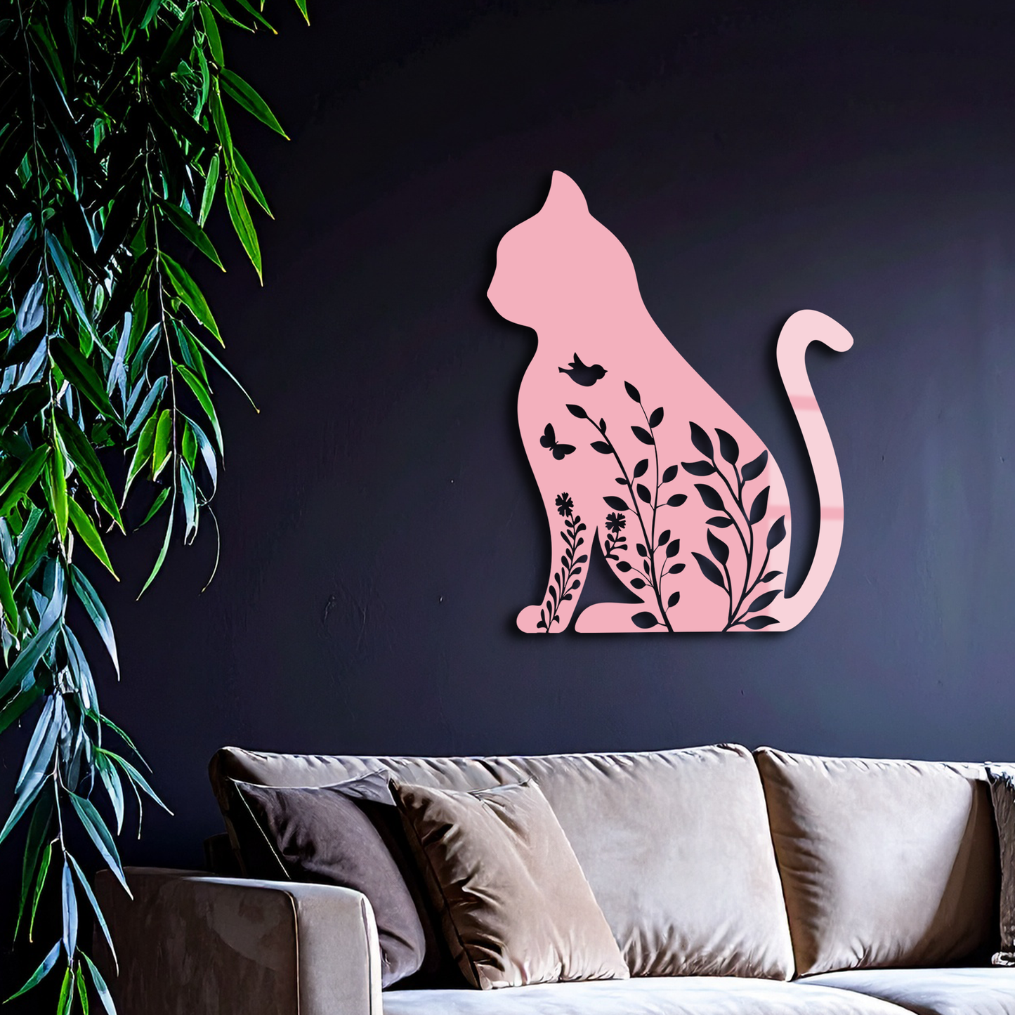 Floral Cat Silhouette Metal Wall Art – Elegant Pet-Inspired Home Décor - KAFGP061