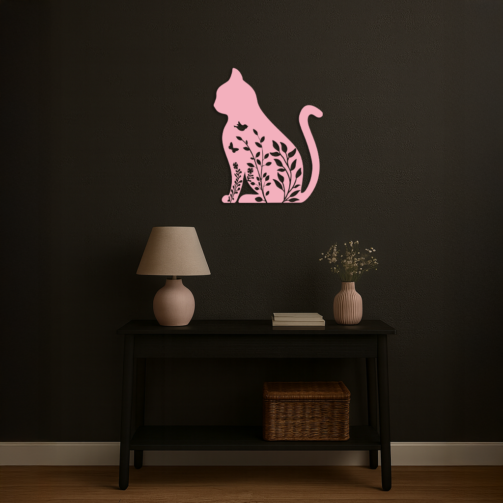 Floral Cat Silhouette Metal Wall Art – Elegant Pet-Inspired Home Décor - KAFGP061