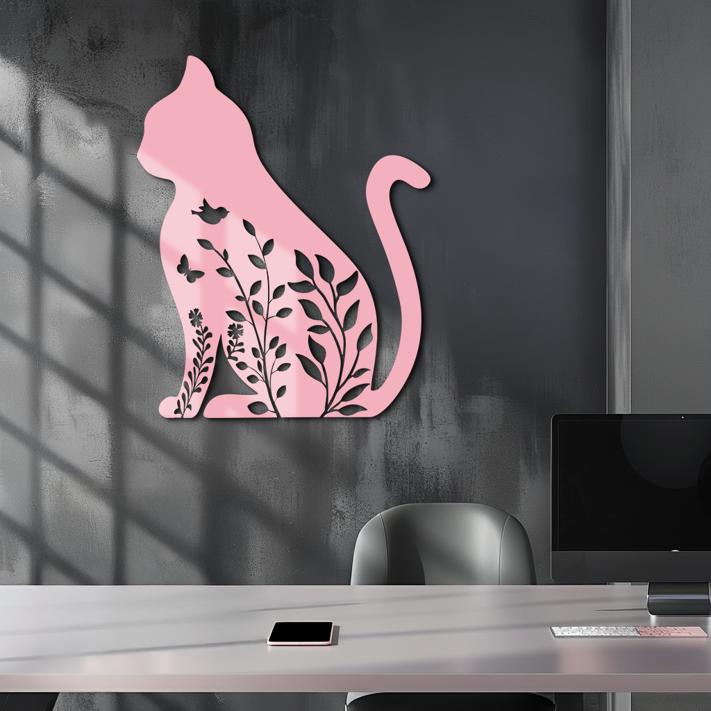 Floral Cat Silhouette Metal Wall Art – Elegant Pet-Inspired Home Décor - KAFGP061
