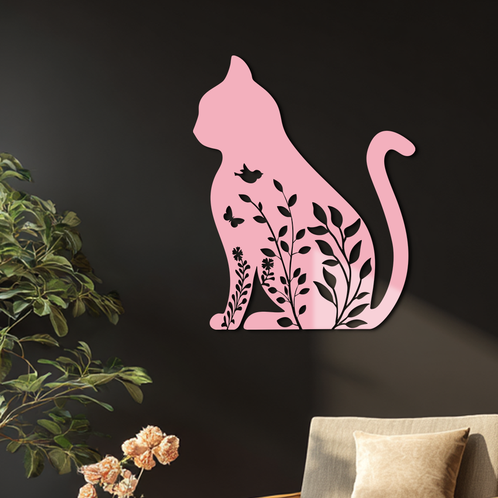 Floral Cat Silhouette Metal Wall Art – Elegant Pet-Inspired Home Décor - KAFGP061