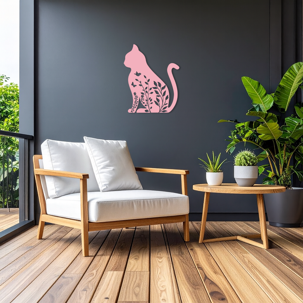 Floral Cat Silhouette Metal Wall Art – Elegant Pet-Inspired Home Décor - KAFGP061