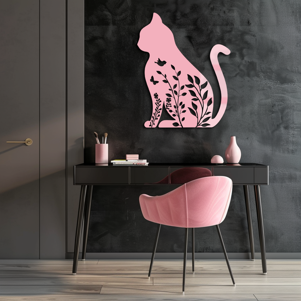 Floral Cat Silhouette Metal Wall Art – Elegant Pet-Inspired Home Décor - KAFGP061