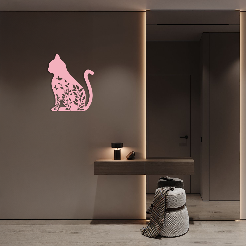 Floral Cat Silhouette Metal Wall Art – Elegant Pet-Inspired Home Décor - KAFGP061