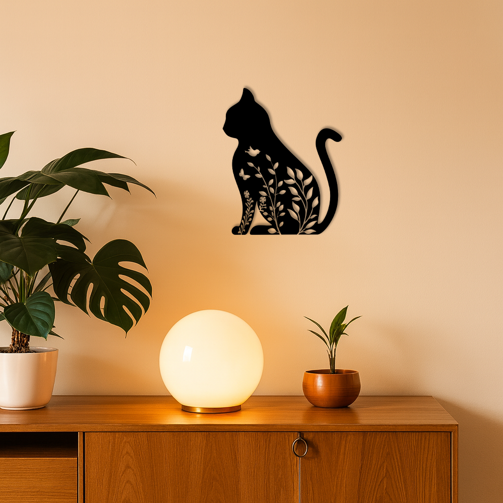 Floral Cat Silhouette Metal Wall Art – Elegant Pet-Inspired Home Décor - KAFGP061