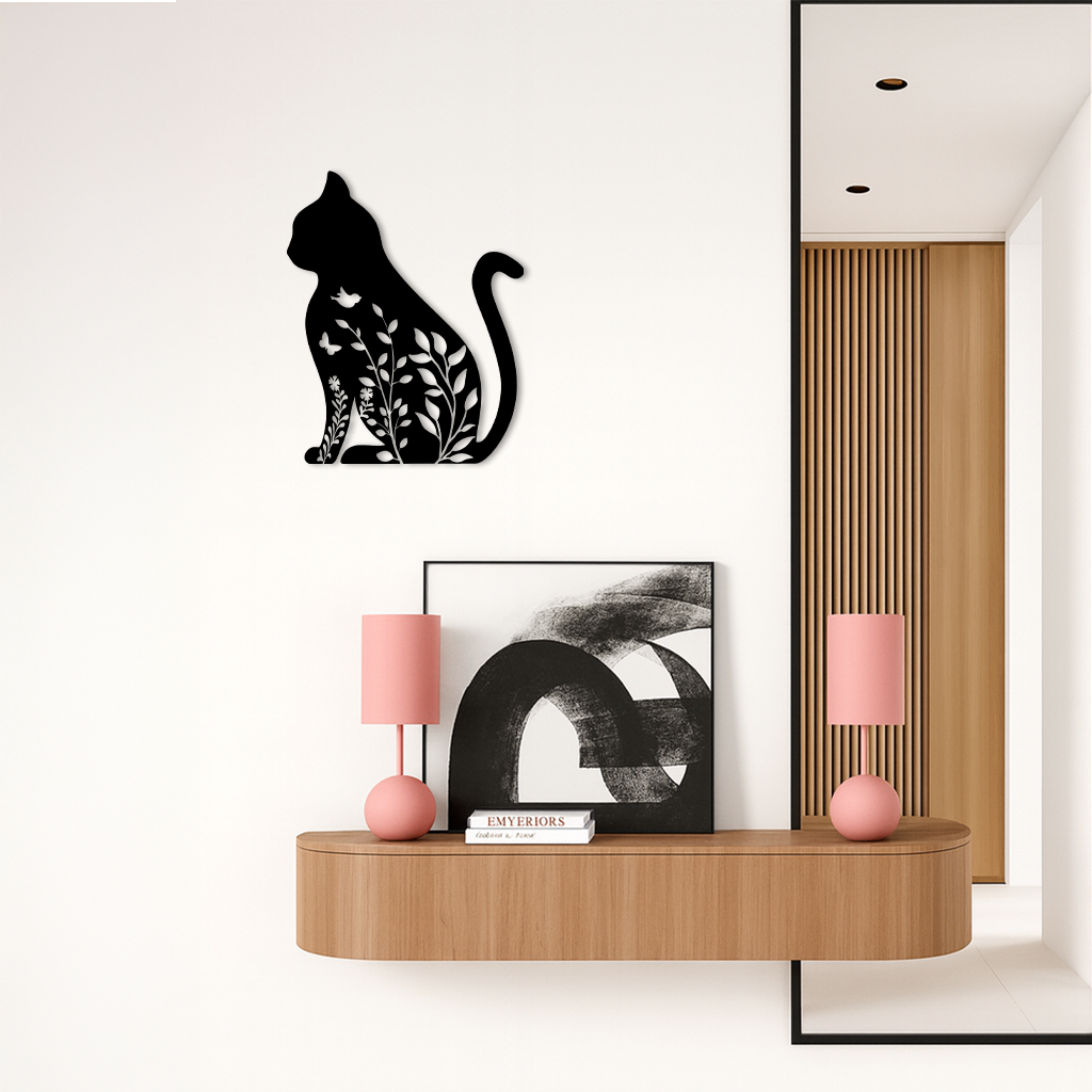 Floral Cat Silhouette Metal Wall Art – Elegant Pet-Inspired Home Décor - KAFGP061